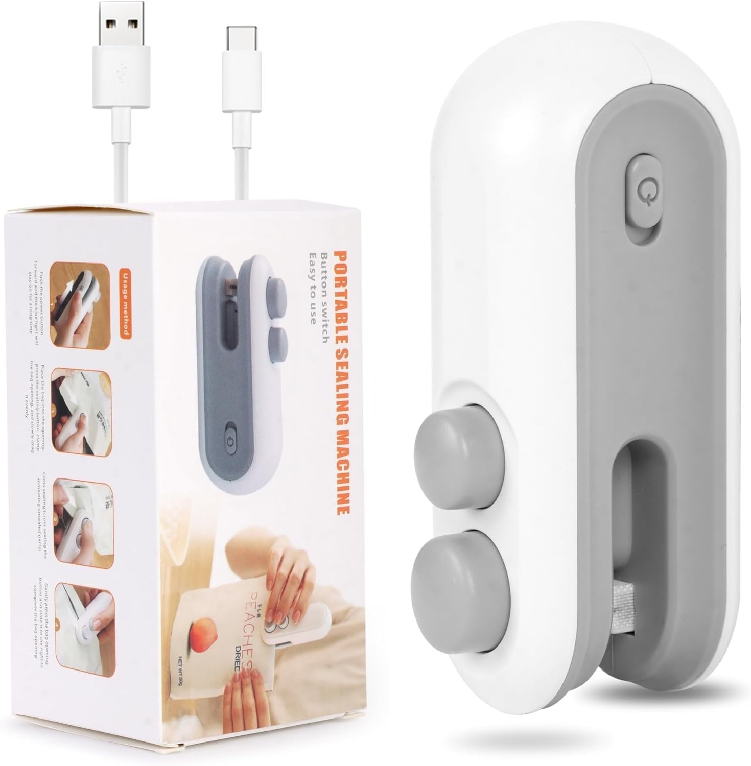 Portable USB-C Heat Sealing Machine White | Mini Rechargeable Bag Sealer for Food Storage, Snack Bags, Plastic Packaging & Kitchen Use